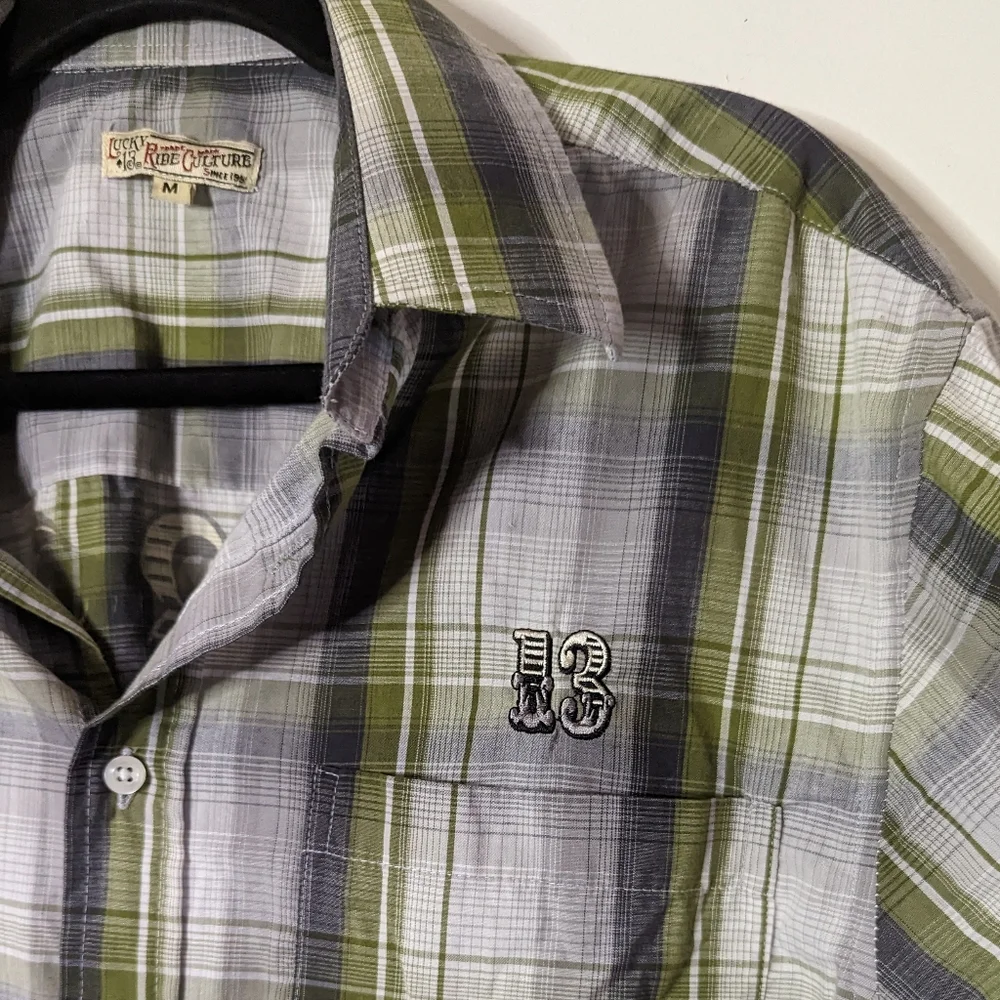 Lucky 13 zombie tiki button up shirt plaid green rockabilly retro pin up M L - Picture 6 of 12